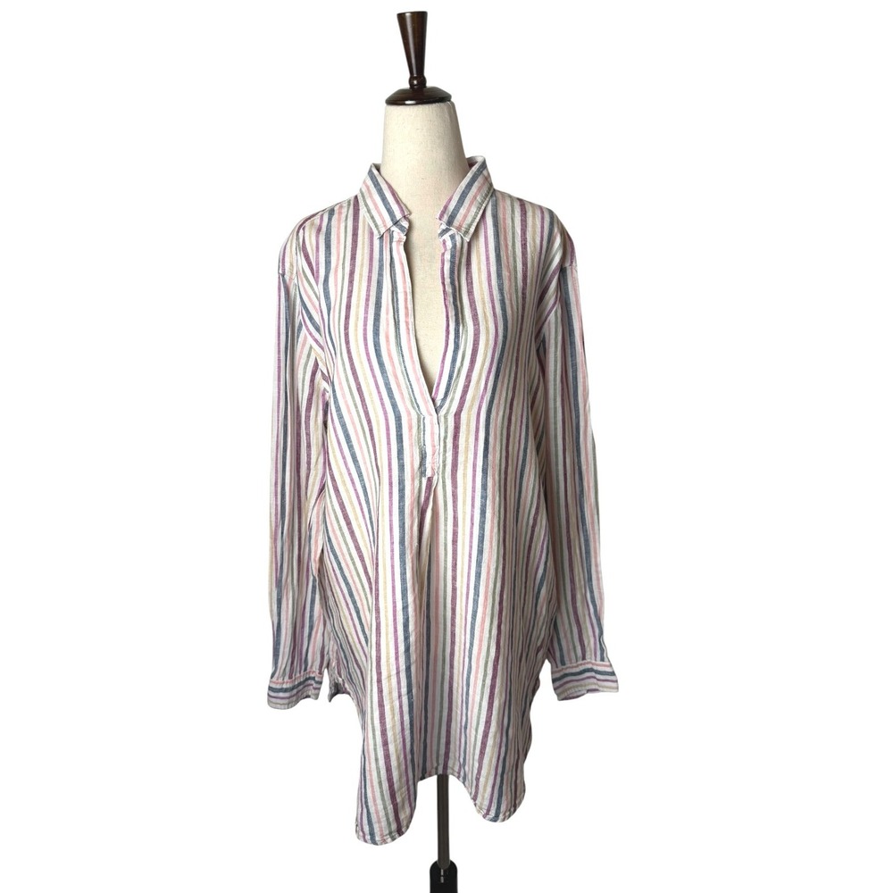 Gap Boyfriend Popover Tunic Women XL White‎ Linen Striped Shirt Preppy Beach